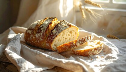 Artisanal sourdough bread loaf, freshly baked and sliced, resting on a rustic cloth in warm, natural sunlight