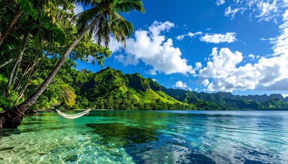 Tropical paradise with a hammock. Lush greenery, turquoise water, and a clear sky