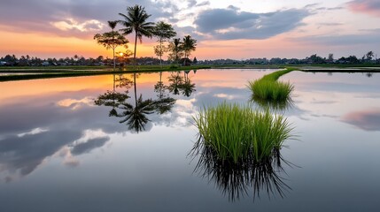 Sunset over rice paddies, mirroring sky. Palm trees in the distance, creating perfect reflections