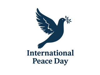 Elegant dark blue dove with olive branch and International Peace Day text on white background. Ideal for posters, cards, and peace event illustrations