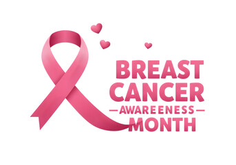 Pink ribbon with hearts for breast cancer awareness month isolated on transparent background