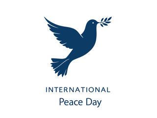 Naklejka premium Elegant dark blue dove with olive branch and International Peace Day text on white background. Ideal for posters, cards, and peace event illustrations