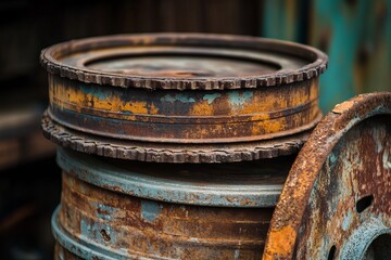 Fototapeta premium Stack of rusty metal discs, weathered and aged