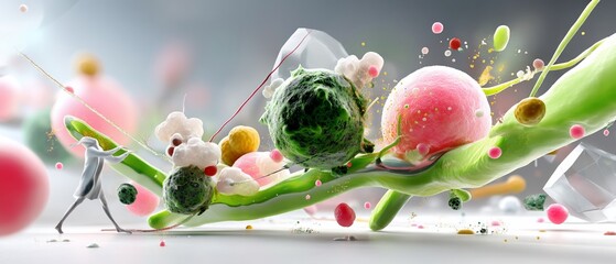 Surreal scene of a tiny figure interacting with abstract, vibrant, colorful organic shapes
