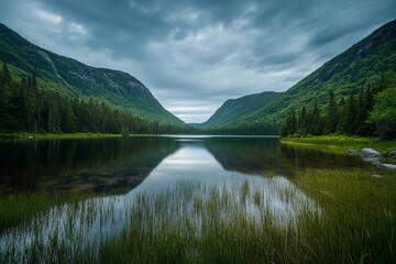 Serene mountain lake reflecting a moody sky. Lush vegetation surrounds a tranquil body of water nestled between towering peaks