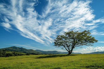 Fototapeta premium Vast meadow, lone tree, vibrant sky