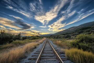 Railroad tracks stretching into a vibrant sunset sky