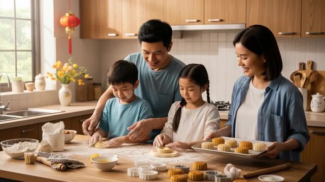 Mid-Autumn Festival family preparing mooncakes together in kitchen. This Mid-Autumn Festival scene features parents and children making pastries, filled with love and tradition,
