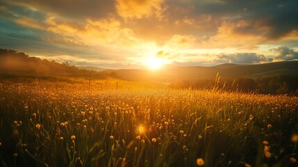 Golden sunset over a field of wildflowers