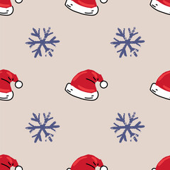Festive seamless pattern with hand-drawn Santa Hats and textured snowflakes on a neutral beige background. Perfect for holiday wrapping paper, fabric design, greeting cards, or seasonal decor. 
