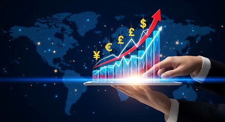 Global investment growth shown on tablet with rising financial market