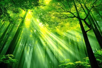 Obraz premium Sunbeams filter through a vibrant green forest canopy, illuminating tall trees reaching towards the sky, creating a peaceful and lush atmosphere