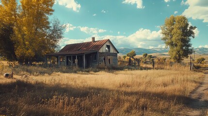 Rustic, weathered farmhouse in golden field, sunlit