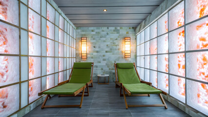 Spa and longevity concept. retirement and wellness. mystic himalayan salt cave spa with glowing pink sakura curtain.
