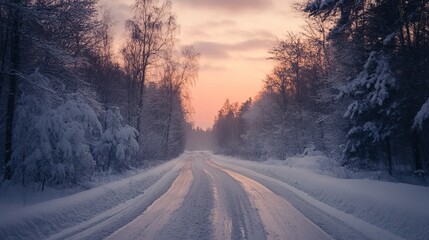 Snowy winter road through a frosted forest at sunset
