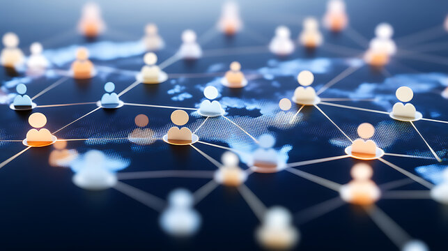 Digital network connections with interconnected user icons over a world map background - Powered by Adobe