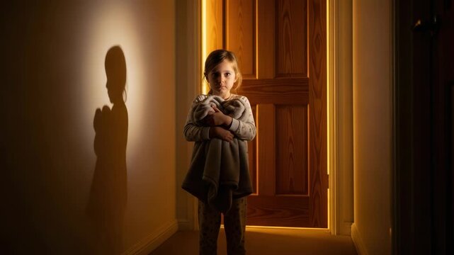 Nighttime scary stories unfold as young girl stands fearfully in dimly lit hallway holding a toy.