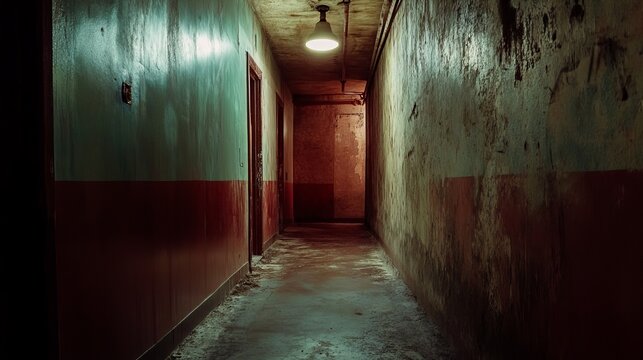 Dim, decaying hallway; peeling paint, aged walls - Powered by Adobe