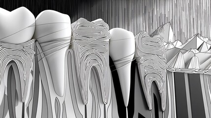 Teeth illustration with internal structure, roots, and dental background display