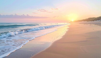 Obraz premium Golden Sunrise Beach With Fog Rolling Over Sandy Shoreline and Gentle Waves in Light Pink and Blue Sky, Natural Serenity and Tranquility