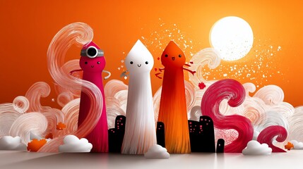 Three cute cartoon characters in a colorful dreamscape with sun and clouds