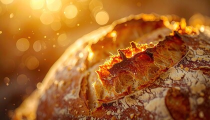 Sourdough crust with ear and blisters in warm light with left side copy space artisan bread background