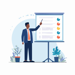 Fototapeta premium An African American businessman presenting a report on a flip chart, giving a presentation.