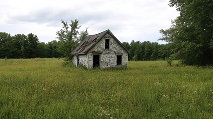 Obraz premium A dilapidated house in a field. Gray, weathered structure, overgrown with weeds
