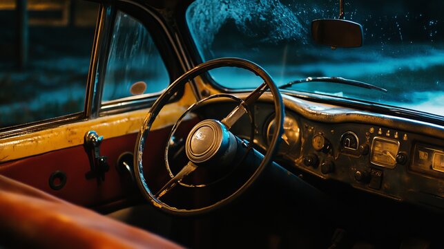 Fototapeta Vintage car interior at dusk.  Rusty dashboard and steering wheel.  Colorful, aged upholstery