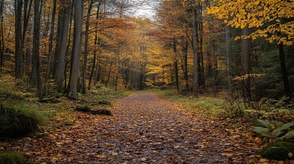 Obraz premium Autumnal forest path. Fallen leaves carpet a gravel path, leading through a dense autumn wood. Sunlight filters weakly through the canopy of vibrant yellow and orange leaves