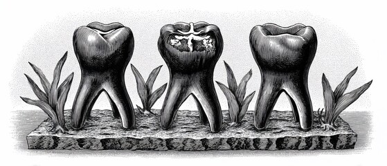 Three teeth shown with and without tooth decay in a grassy field