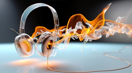 Transparent headphones with fire-like orange smoke and thin copper wire