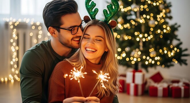Happy couple celebrating Christmas with sparklers indoors