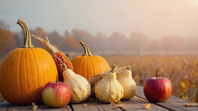 Autumn harvest on a rustic table for thanksgiving. Pumpkin, corn, apple on wooden board outdoor. Mockup with copy space