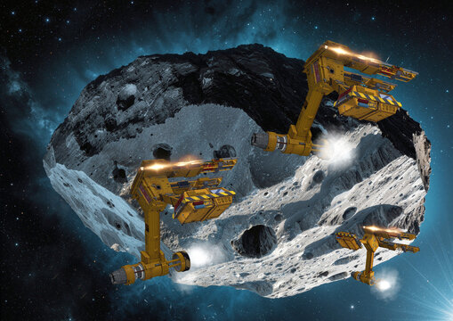 Mining tugs flying around captured asteroid, illustration