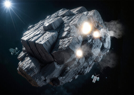 Drone flying around captured asteroid, illustration