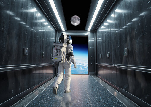 Astronaut exiting space elevator, conceptual illustration