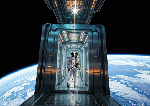 Astronaut in space elevator, conceptual illustration