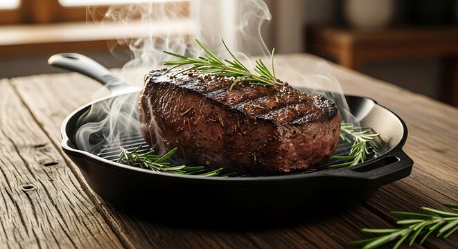 Juicy Grilled Steak in Cast Iron Pan with Rosemary
