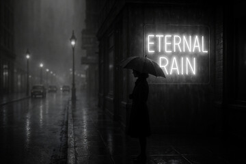Rainy city street. A woman holding an umbrella stands next to a neon sign that reads 'Eternal Rain,' with the letters glowing softly through the mist.
