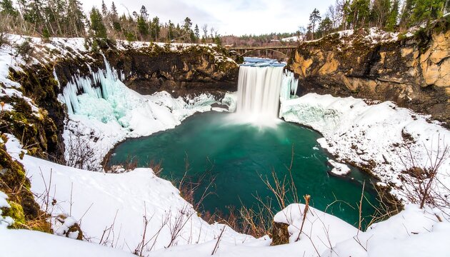Winter waterfall cascading into a turquoise pool