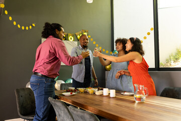 Celebrating at home, friends toasting drinks with joyful smiles and laughter
