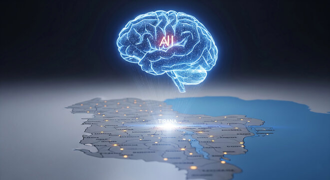Holographic representation of an artificial intelligence brain floating above a connected, futuristic world network, symbolizing global innovation