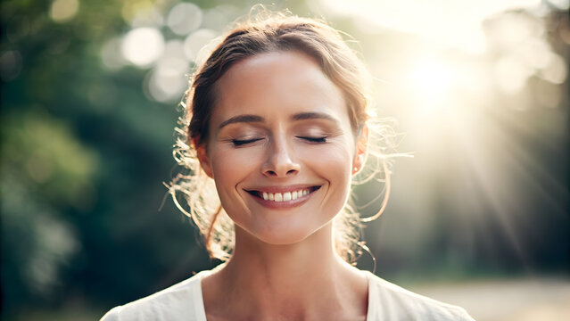 mental health awareness concept for work life balance. smiling woman with eyes closed sunlight on her face - Powered by Adobe