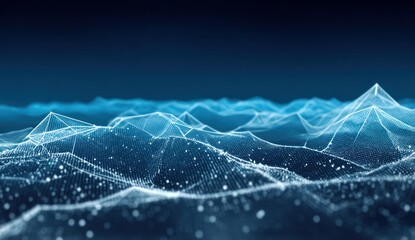 A digital landscape composed of interconnected, translucent geometric wireframes over a field of faint glowing dots against a dark blue background