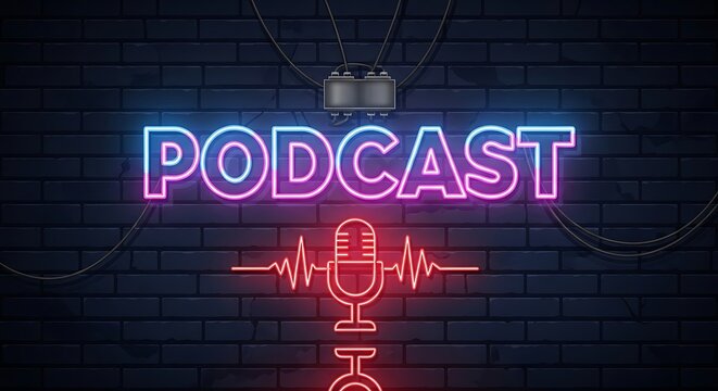 Neon Podcast Sign on Brick Wall with Microphone Illustration.