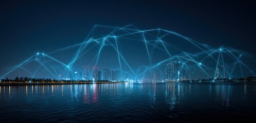 Futuristic skyline over water with glowing network lines, night scene with reflections. Modern cityscape meets abstract, connecting technology
