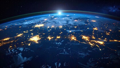 A breathtaking view of Earth at night, showcasing the global network of city lights against a backdrop of a starlit cosmos.