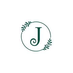Letter j simple and circle line art leaf natural business logo design