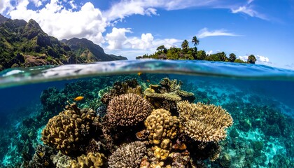 Underwater coral reef meets a tropical island paradise